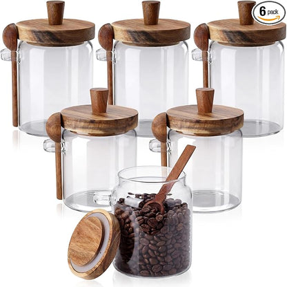 Remerry Set of 6 Glass Jar with Wooden Lid and Spoon, 13.5 Oz/20 oz, Coffee Sugar Container Set, Clear Airtight Spice Canisters Glass Food Storage Kitchen Containers for Coffee Bean Tea Sugar