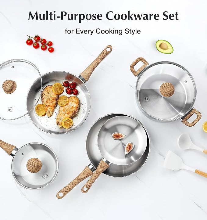 KOCH SYSTEME CS Stainless Steel Coowkare Set 10PCS, Professional 18/10 Stainless Steel Pots and Pans Set with Cool-Touch Handles, Tri-ply Base, Kitchen Cookware Sets, Cooking Set Induction Compatible