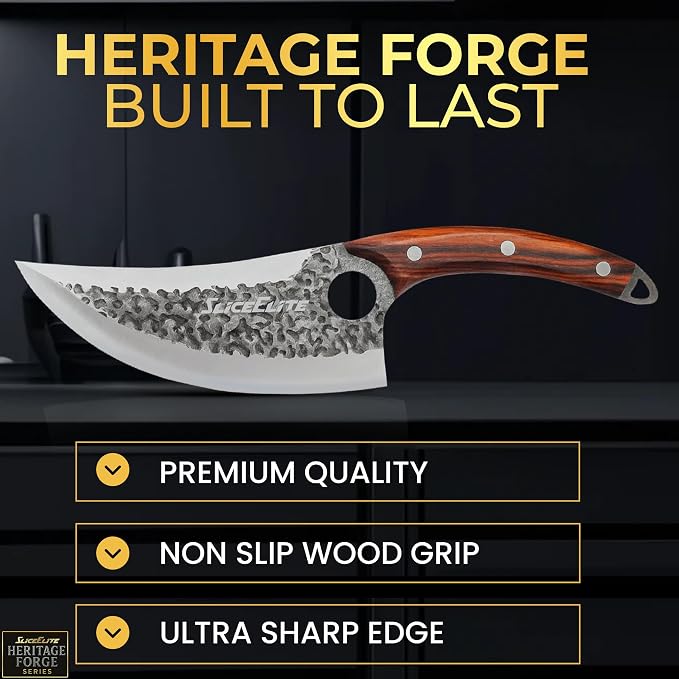SliceElite Heritage Forge Series Father’s Day Gift for Dad Viking Knife Meat Cutting Kitchen Knife Boning Slicing BBQ Knife Kitchen Knife Full Tang Sandalwood Handle Hammered Pattern Forged Steel