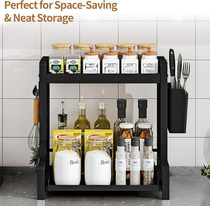 INGIORDAR 2 Tier Spice Rack Metal Standing Kitchen Seasoning Storage Shelf with Hanging Basket Pull Out Countertop Organizer for Counter, Cabinet, Pantry, Bathroom, Bedroom (Black)