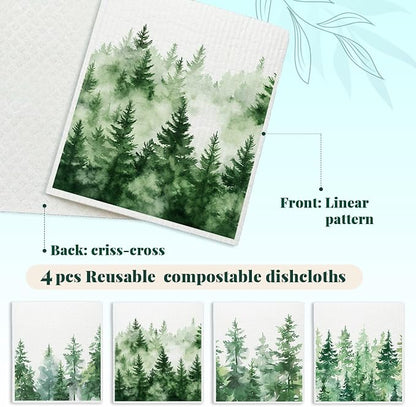 Christmas Tree Swedish Dishcloths for Kitchen, Swedish Dish Cloths for Pine Tree, Papaya Reusable Paper Towels, 4 Pack Dish Towels for Kitchen, Reusable Paper Towels Washable