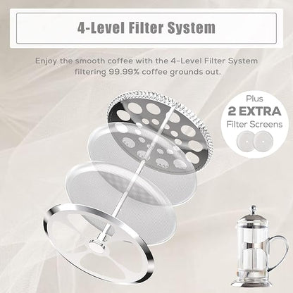 DUJUST Silver French Press Coffee Maker, Luxury Design French Coffee Press with 4-Level Filter System, High-Grade Glass for Hot & Cold Resistance, Include Long Size 304 Stainless Steel Spoon - 34oz