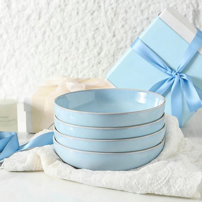Ceramic Patsa Bowls, 34 oz Salad bowl Set of 4, Stoneware Serving Bowl for Eating, Salad, Rice, Cereal, Kitchen, Serving, Plate Bowls Set, Microwave & Dishwasher Safe, Skyblue