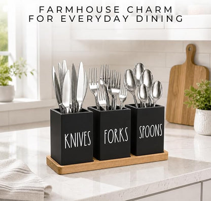 Farmhouse Silverware Holder, Rustic Wood Silverware Caddy with Tray, Spoon Fork Knives Flatware Dispenser, Utensil Countertop Organizer, Plastic Cutlery Holder for Kitchen Party (Black)