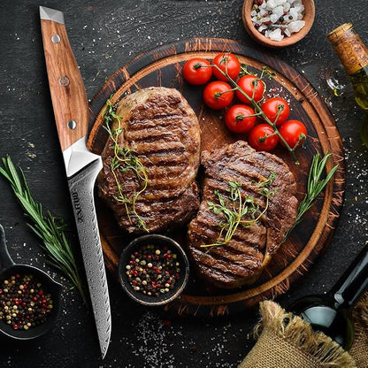 XITUO 6-Inch Boning Knife, Damascus Steel Sharp Blade with Olive Wood Handle – Heavy Duty Meat Trimmer for Steak, Ribs & Turkey, Great Gift for Cooking Enthusiasts