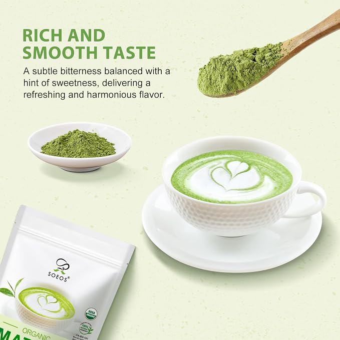 Soeos Matcha Powder, 2oz with 7-Piece Premium Matcha Starter Set - Includes Authentic Bamboo Whisk (Chasen), Ceramic Matcha Bowl (Chawan), Whisk Stand, Sifter, Scoop, and Scoop Rest
