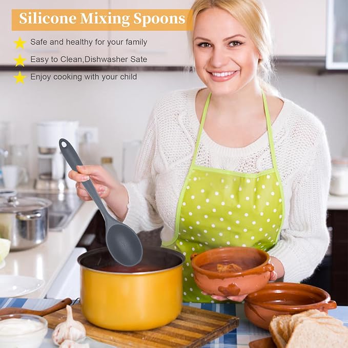2 Pcs Silicone Nonstick Mixing Spoon,10.6Inch Silicone Spoons for Cooking Heat Resistant, Cooking Utensil for Kitchen Cooking Baking Stirring Serving (Grey)