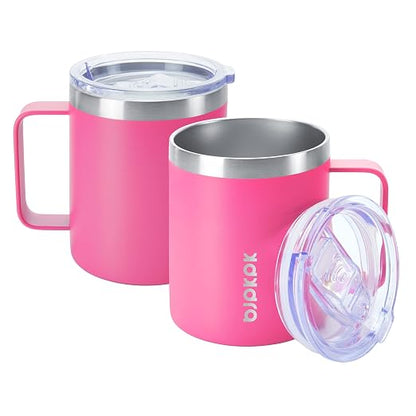 BJPKPK 2 pcs Stainless Steel Insulated Coffee Mug, 14oz, Pink-14oz, Coffee Cup with Lid and Handle, Double Vacuum Insulation, BPA Free