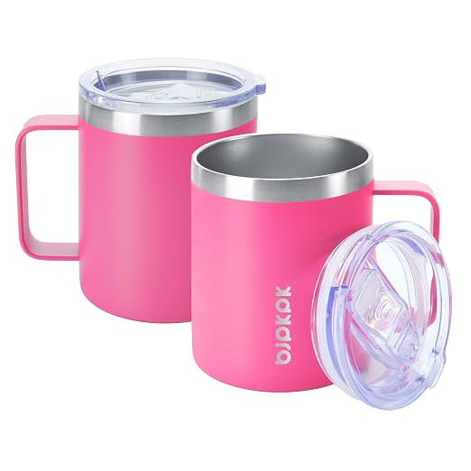 BJPKPK 2 pcs Stainless Steel Insulated Coffee Mug, 14oz, Pink-14oz, Coffee Cup with Lid and Handle, Double Vacuum Insulation, BPA Free