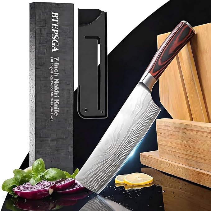 Nakiri Kitchen Knife 7" - Super Sharp Vegetable Knife, High Carbon Stainless Steel Meat & Veggie Cleaver with Gift Box, Ergonomic Non-slip Handle, Ideal Housewarming Gift