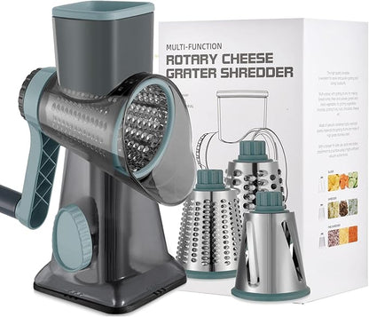 Cheese Grater Hand Crank Rotary Vegetables Shredder with Handle, 3-in-1 Graters with Interchangeable Blades and Non-slip Base Multifunctional Slicer for Kitchen
