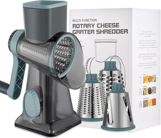 Cheese Grater Hand Crank Rotary Vegetables Shredder with Handle, 3-in-1 Graters with Interchangeable Blades and Non-slip Base Multifunctional Slicer for Kitchen