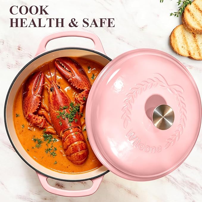 Wildone 6QT Enameled Cast Iron Dutch Oven Pot with Lid, Heavy-Duty Cookware for Bread Baking, Braising, Stews, Roasting, Wedding Registry Ideas & Gifts, Pink