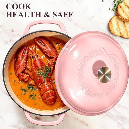 Wildone 6QT Enameled Cast Iron Dutch Oven Pot with Lid, Heavy-Duty Cookware for Bread Baking, Braising, Stews, Roasting, Wedding Registry Ideas & Gifts, Pink