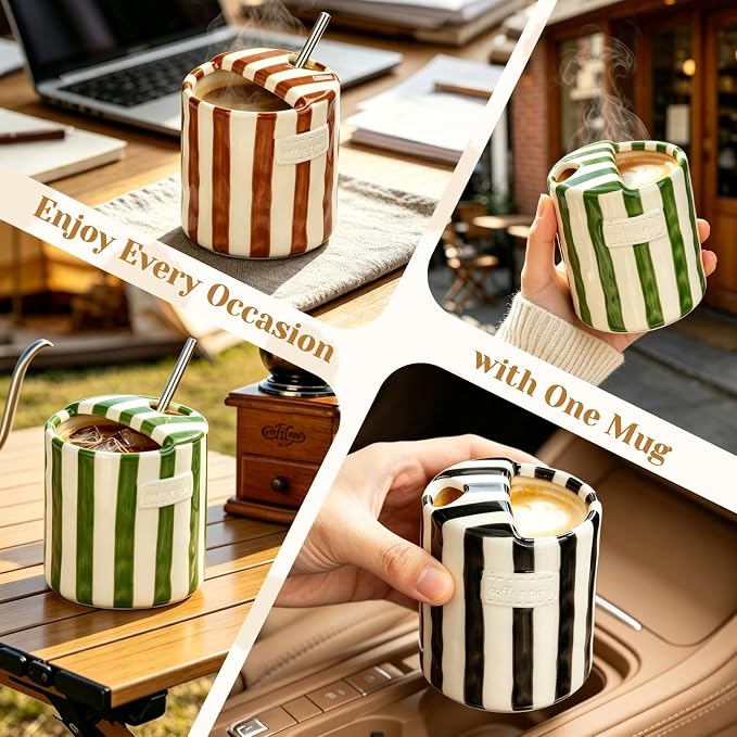 Ceramic Coffee Mug Novelty Ceramic Travel Mug Cute Espresso Cups To Go Anthropologie Latte Cups Aesthetic Grey Pottery Mugs With Sip Hole 10oz Clay Striped Vintage Handmade Coffee Cup for Home
