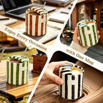 Ceramic Coffee Mug Novelty Ceramic Travel Mug Cute Espresso Cups To Go Anthropologie Latte Cups Aesthetic Grey Pottery Mugs With Sip Hole 10oz Clay Striped Vintage Handmade Coffee Cup for Home