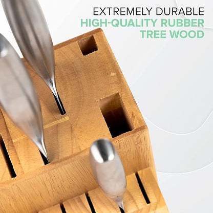 Coninx Rubber Wood Kitchen Knife Block, 15 Slots Holder, Professional Quality Organizer, Secure Stand, Keep Knives Neat & Sharp, Solution for full Drawers, Display Stand for Storage