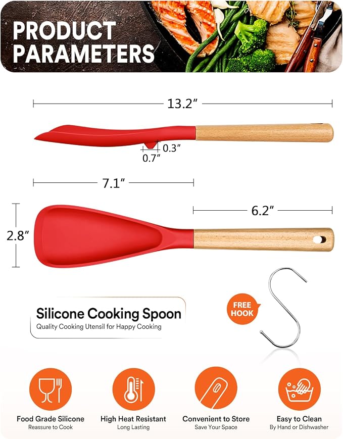 Cooking Spoon for Nonstick Cookwares, Great for Cooking and Serving Sturdy BPA-Free Matte Silicone, Wood Handle Spoon for Mixing, Scoop, and Scrape (RED, 13.4 inch)