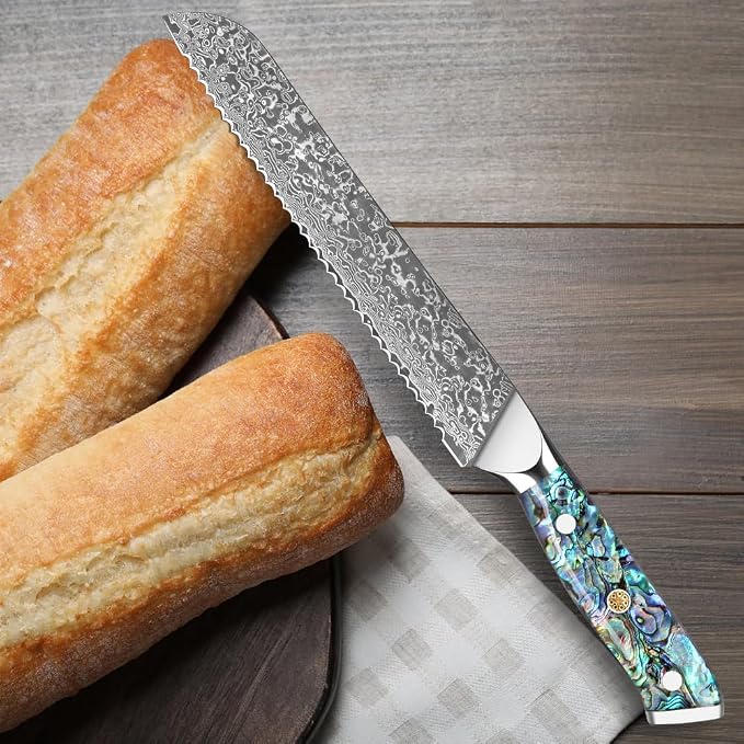 KEENZO Bread Knife,8 inch Multifunction Serrated Knife,Razor Sharp Professional Damascus Steel Cooking Slicer for Homemade Bread, Cake,Full Tang Ergonomic Abalone Shell Resin Handle,Gift Box