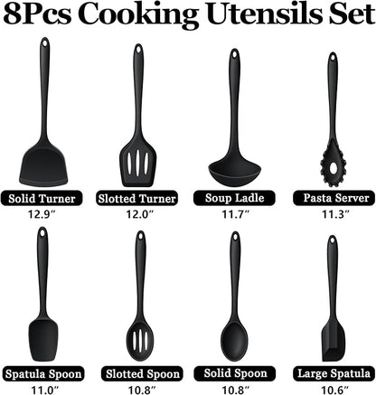LIANYU Non-Toxic Cooking Utensils Set of 8, Silicone Black Kitchen Utensils Set for Non-Stick Cookware, Healthy Kitchen Tools with Spatula & Spoon, Stainless Steel Core, Healthy & Heat Resistant