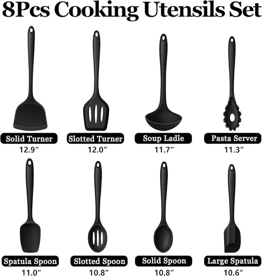 LIANYU Non-Toxic Cooking Utensils Set of 8, Silicone Black Kitchen Utensils Set for Non-Stick Cookware, Healthy Kitchen Tools with Spatula & Spoon, Stainless Steel Core, Healthy & Heat Resistant