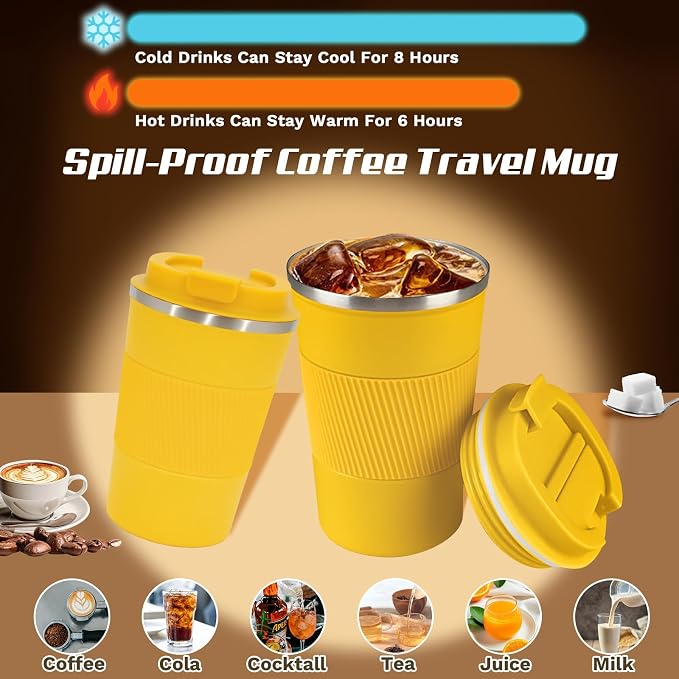 SPLMIFA Vacuum Insulated Travel Coffee Mug, Reusable Stainless Steel Tumbler with Leak-Proof Lid, Keeps Drinks Hot or Cold for Hours, Durable Portable Cup for Men & Women (3rd-Yellow, 12oz)