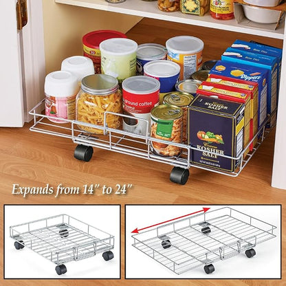 Collections Etc Flat Rolling Floor Shelf Metal Storage Cart - Expandable to 24" W - Slim Cart Holds Up to 22 Lbs. on 4 Caster Style Wheels, Fits Under Beds, Desks or Shelving