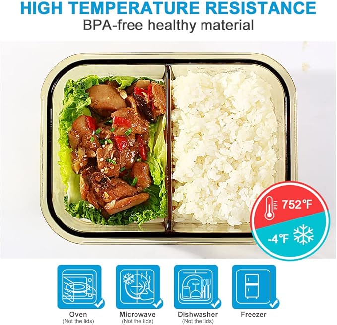 DAS TRUST 5 Pack 36oz Amber Food Storage Containers 2 Compartments Glass Meal Prep Containers with Lids Lunch Containers Adult Food Prep with Dividers
