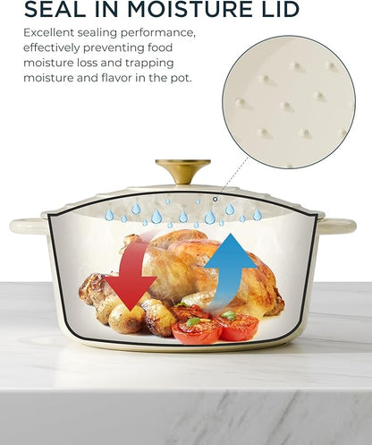Enameled Cast Iron Dutch Oven - 6QT Pot with Lid & Cotton Potholders - Heavy-Duty Cookware for Braising, Stews, Roasting, Bread Baking, Oven Safe up to 500° F & Across All Cooktops, Cream White