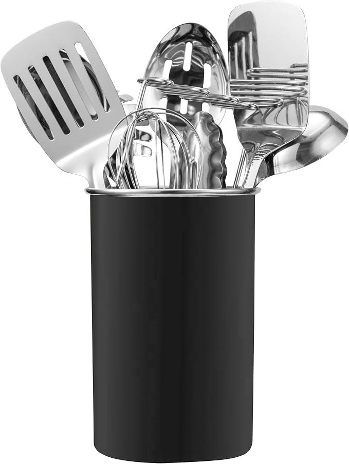 COOK WITH COLOR Kitchen Utensil Set - premium Nonstick & Heat Resistant Kitchen Gadgets, Turner, Spaghetti Server, Serving Spoons, Whisk, Tongs, Masher & Utensil Holder, 10-piece Black