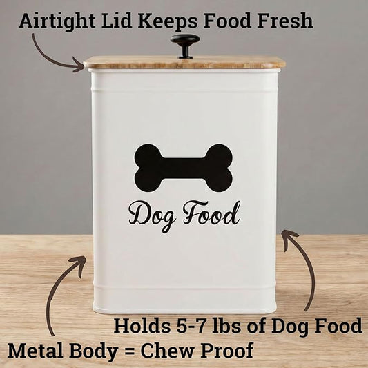Dog Food Container Airtight 5-7 lb (25 Cup) Capacity - Cute Airtight Dog Food Storage Container with Bamboo Lid & Sturdy Metal Handle - White Metal Kibble Storage Bin for Dogs up to 50 lbs - Pet Jar
