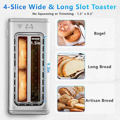 SAKAMOSH Touch Screen Toaster 4 Slice, Smart Digital Toasters with LED Display & Timer, Extra Long Wide Slots for Bagels, 6 Browning Levels & 5 Bread Types, Memory Function, 1400W, Stainless Steel