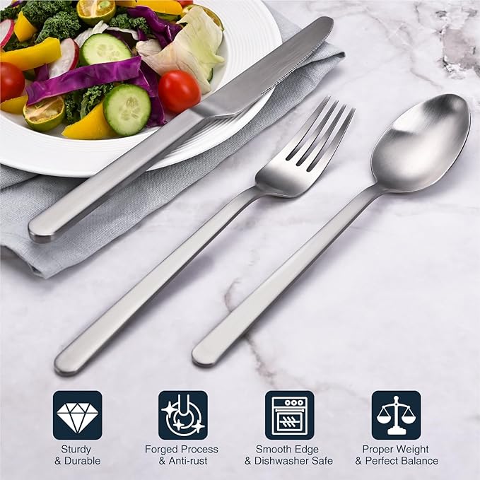 KINGSTONE Forged Silverware Set, 20 Piece Flatware Set for 4, 18/10 Stainless Steel Silverware Utensils Set, Matte Satin Finish Dishwasher Safe(Matte Silver)