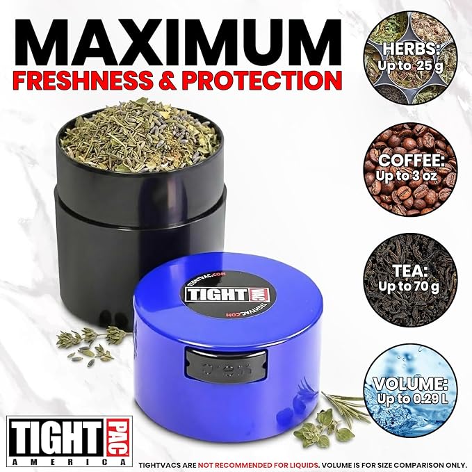 Tightvac - Premium Airtight Herb Storage Container - Holds ½ oz to 3 ounces - Keep Your Herbs and Dry Goods Fresh and Flavorful. Black Blue
