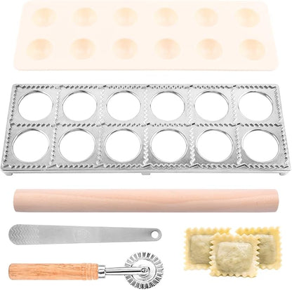 Ravioli Press Mold Set, 12 Holes Ravioli Maker Press,1 x Pasta Cutter Stamp Maker, 1xWood Rolling Pin Pasta Making Tools,1x Filling Spoon,for Ravioli, Dumpling,Hand Pie