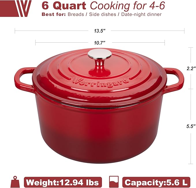 VORRINGARD Enameled Cast Iron Dutch Oven Pot with Lid, for Sourdough Bread Baking, Round Dutch Ovens, 6 Quart, Red