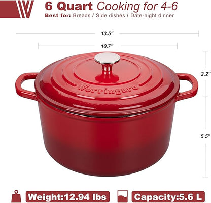 VORRINGARD Enameled Cast Iron Dutch Oven Pot with Lid, for Sourdough Bread Baking, Round Dutch Ovens, 6 Quart, Red