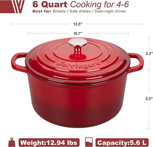 VORRINGARD Enameled Cast Iron Dutch Oven Pot with Lid, for Sourdough Bread Baking, Round Dutch Ovens, 6 Quart, Red