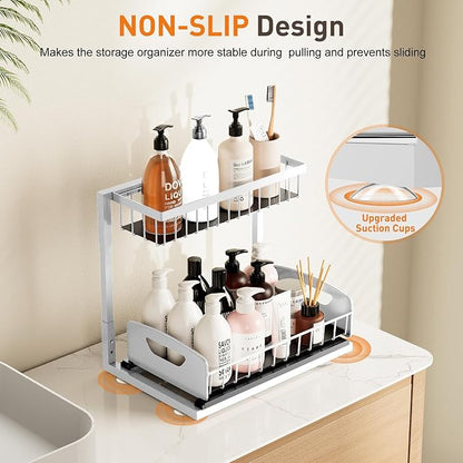 Under Sink Organizer,Metal Pull Out Cabinet Organizer Shelf,Kitchen Bathroom Organizers with Sliding Drawer,Storage Shelves,Storage and organization for Home,Laundry,RV,Pantry,Spice,White, 2 Pack