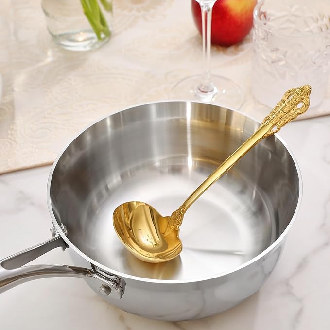 KEAWELL Premium 7.5 inch Luxury Gravy Ladle, 18/10 Stainless Steel, Small Gravy Spoon for Home. Solid and Sturdy, Dishwasher Safe. (1, Gold)
