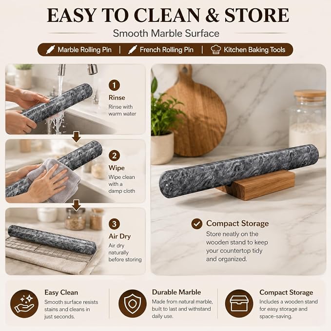 French Rolling Pin for Baking, FiiMan 12 Inch Marble Rolling Pins with Wooden Stand, Heavy Stone French Polished Non-Stick Roller Pins For Baking Cookie Pizza Pastry (Black)