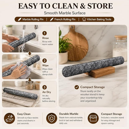French Rolling Pin for Baking, FiiMan 12 Inch Marble Rolling Pins with Wooden Stand, Heavy Stone French Polished Non-Stick Roller Pins For Baking Cookie Pizza Pastry (Black)