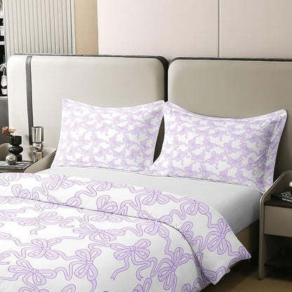 Castle Fairy 100% Natural Cotton Cute Bow Bedding Set King Size Purple Coquette Bowtie Duvet Cover Luxury Light Watercolor Ribbon Bowknot Preppy Style Comforter Cover (No Comforter)