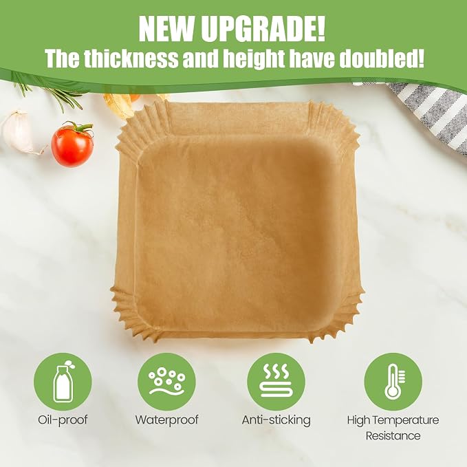 Air Fryer Paper Liners 125Pcs 8-inch Non stick and oil resistant square lined air fryer parchment paper easy to clean, durable, food grade - suitable for air fryers, ovens and microwaves (Square)