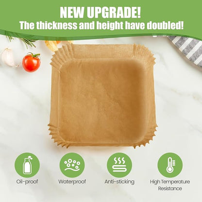 Air Fryer Paper Liners 125Pcs 8-inch Non stick and oil resistant square lined air fryer parchment paper easy to clean, durable, food grade - suitable for air fryers, ovens and microwaves (Square)