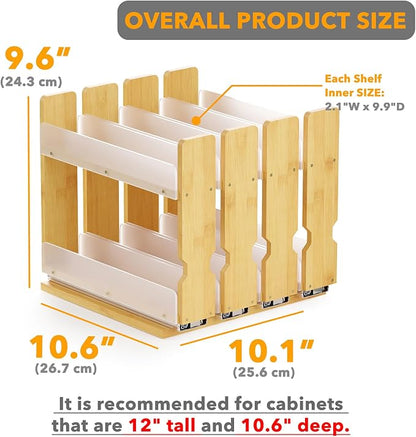 SpaceAid Bamboo Pull Out Spice Rack Organizer for Cabinet, Heavy Duty Slide Out Seasoning Kitchen Pantry Sliding Vertical Organization, 10.1" Wide, 4 Drawers(2" Wide), 2-Tier, Natural