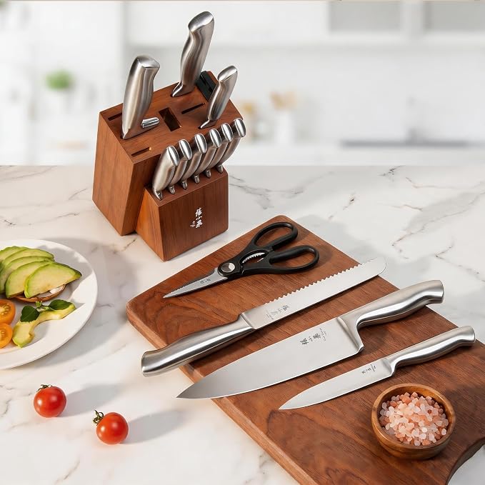ZHANG XIAO QUAN 15-Piece Kitchen Knife Set with Block, High Carbon Stainless Steel, Ergonomic Hollow Handles, Durable Sharp Blades for Precision Cutting, Silver
