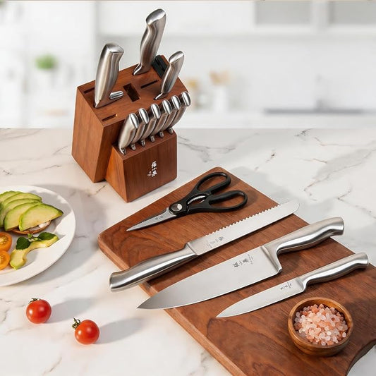 ZHANG XIAO QUAN 15-Piece Kitchen Knife Set with Block, High Carbon Stainless Steel, Ergonomic Hollow Handles, Durable Sharp Blades for Precision Cutting, Silver