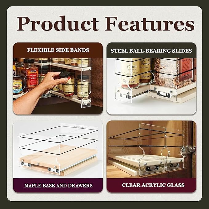 Vertical Spice Solid Maple Storage Rack Drawer - Sliding Spice Rack - Pantry Organizers and Storage - Kitchen Cabinet Organizer - Pull Out Shelf - Made in USA - 3 Drawers (6.9" W x 5.0" H x 10.6" D)