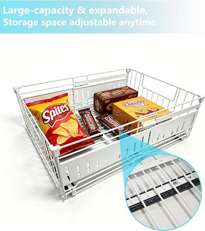 KimHong 2 Pack Pull Out Cabinet Organizer, Expandable Drawer Organizer with Adjustable Width 12.4"-19.5", Adhesive No Drill Under Cabinet Shelves for Home Kitchen Pantry with Silent Slides